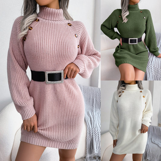 Winter Turtleneck Button Design Long Sweater Dress Women