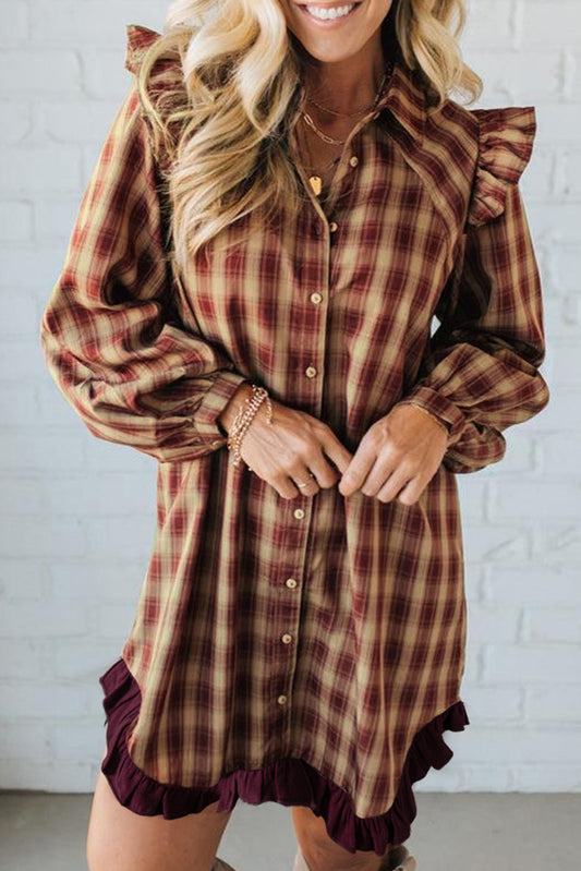 Red Plaid Print Ruffled Long Sleeve Mini Shirt Dress