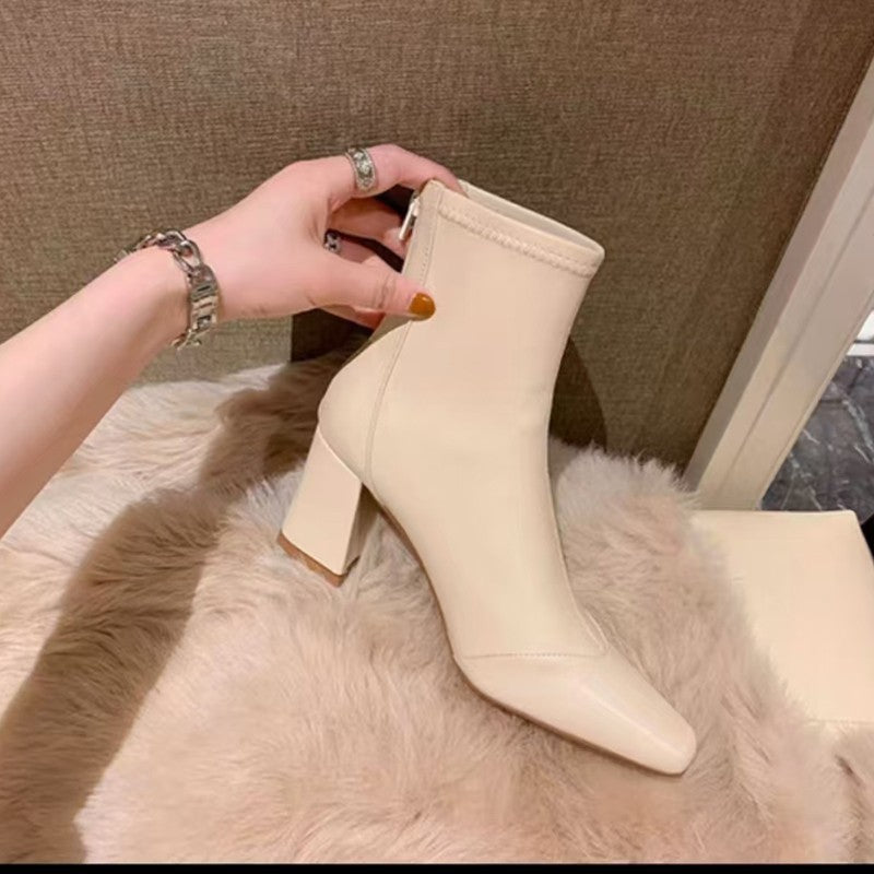 Soft Leather Velvet-Lined Zip-Back Skinny Boots Sleek Heels