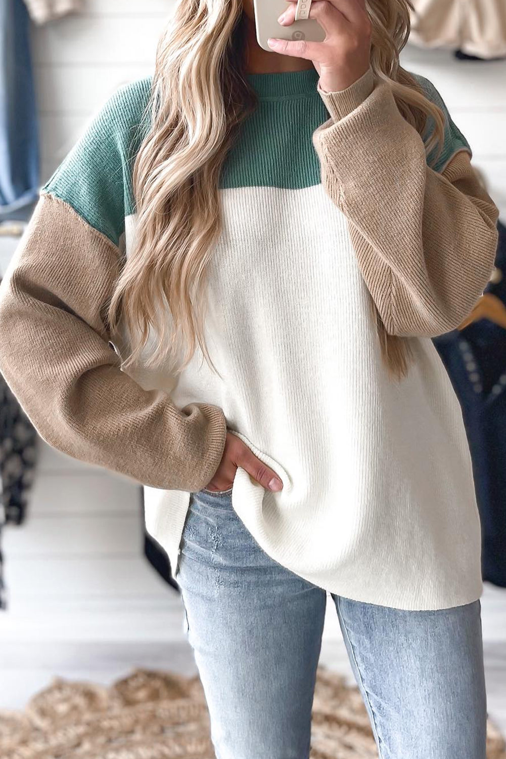 Green Color Block Ribbed Knit Baggy Sweater