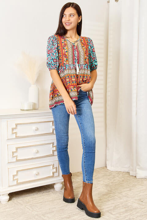 Bohemian Tassel Tie Puff Sleeve Babydoll Blouse Double Take