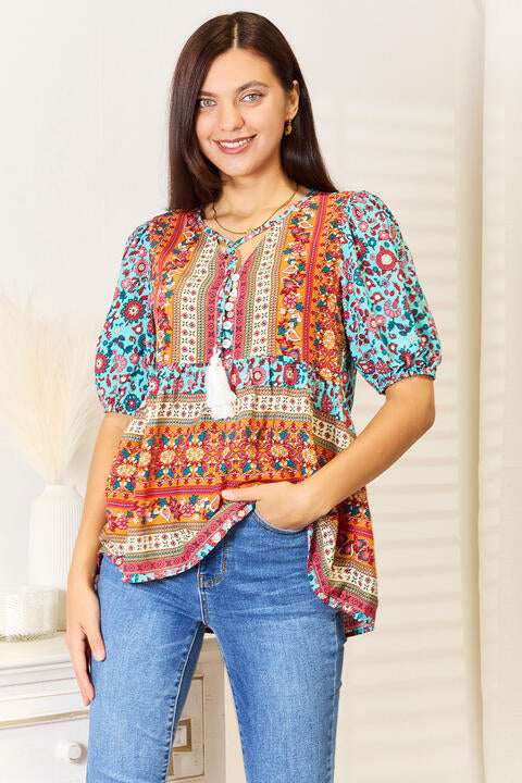 Bohemian Tassel Tie Puff Sleeve Babydoll Blouse Double Take
