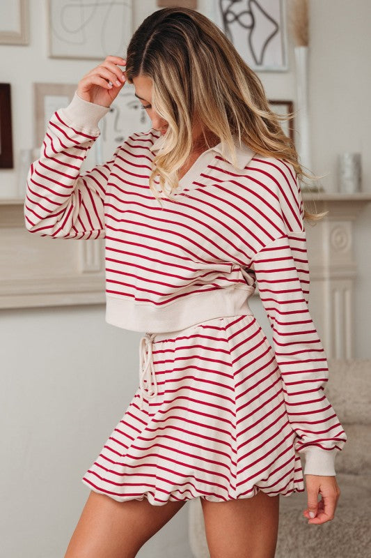 Striped Cropped Pullover and Bubble Mini Skirt Set