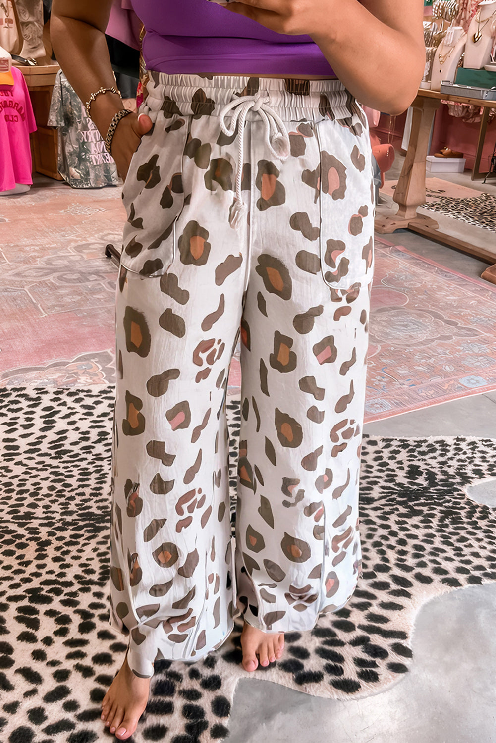 Leopard Print Drawstring Patch Pocket Loose Pants