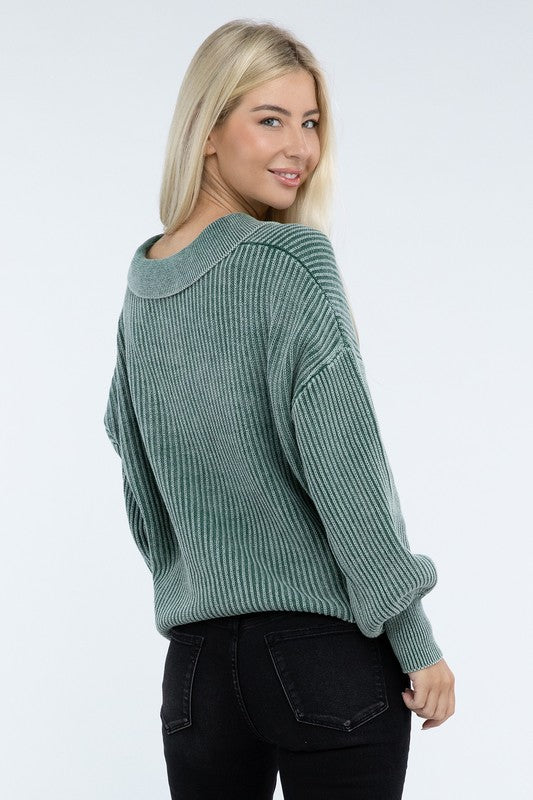 Washed Collared Henley Sweater Low Gauge Heavyweight Sweater
