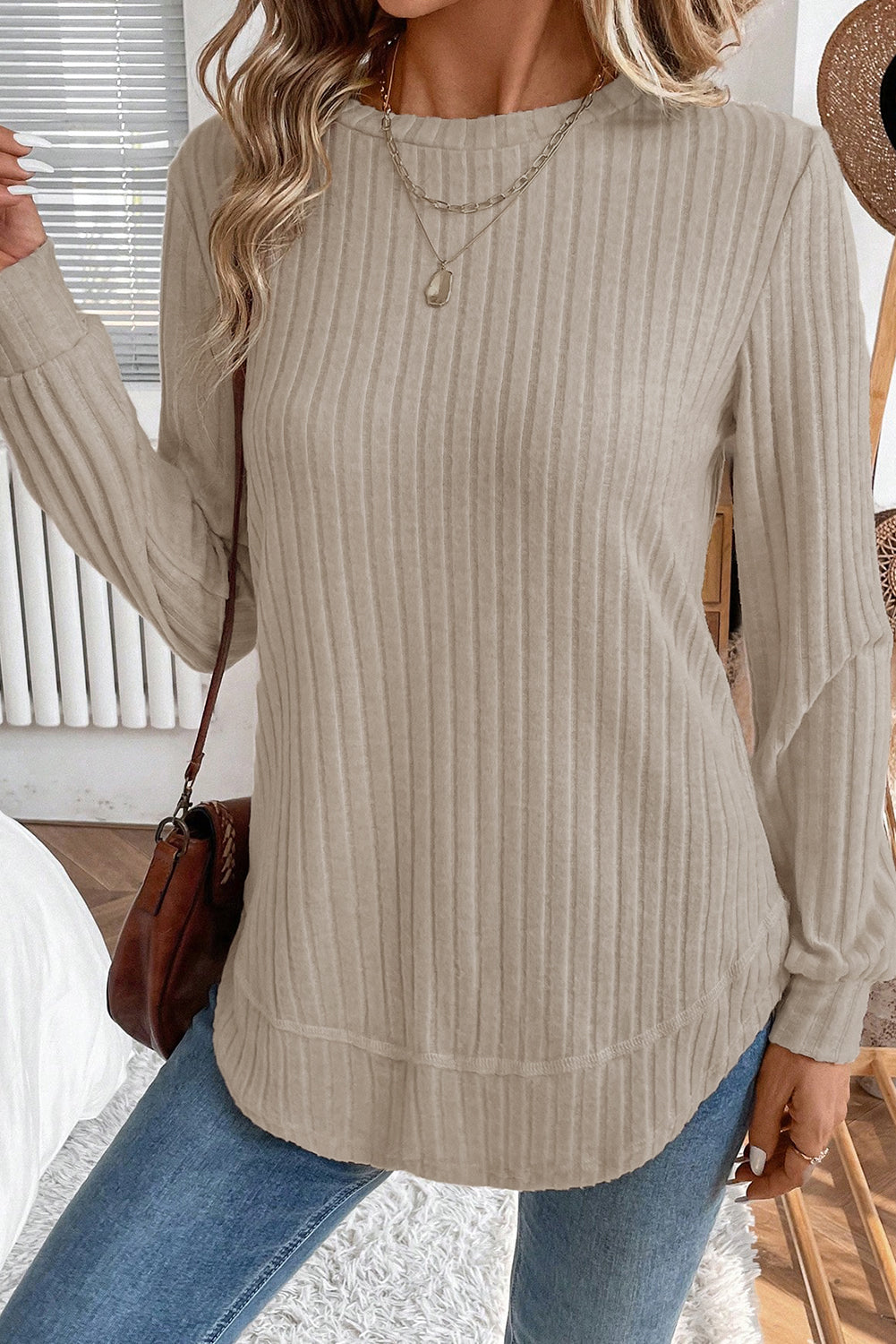 Jet Stream Ribbed Texture Round Neck Long Sleeve Knit Top