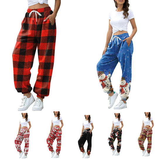 Christmas Plaid Print Pleated Volley Sweater Pants Loose Type