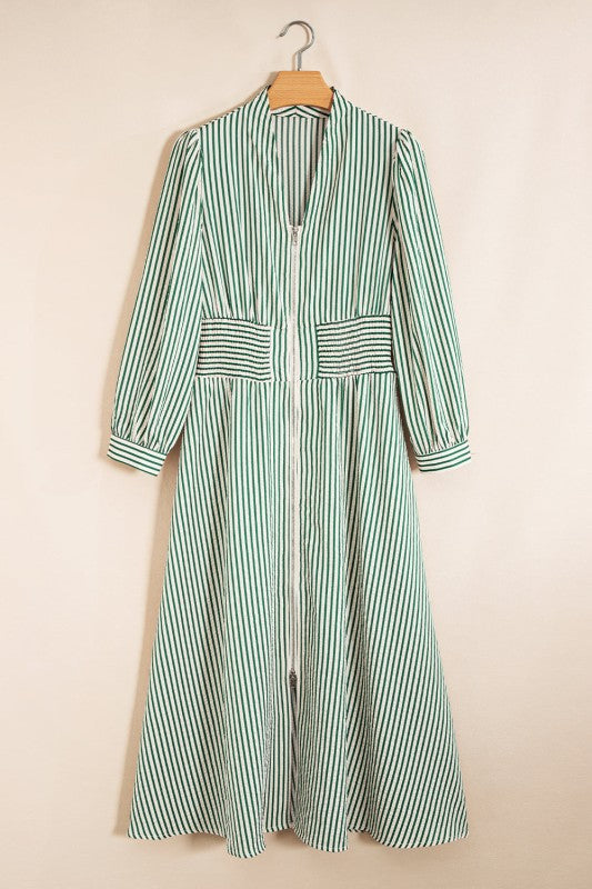 Stripe V-Neck Zip Front Midi Dress