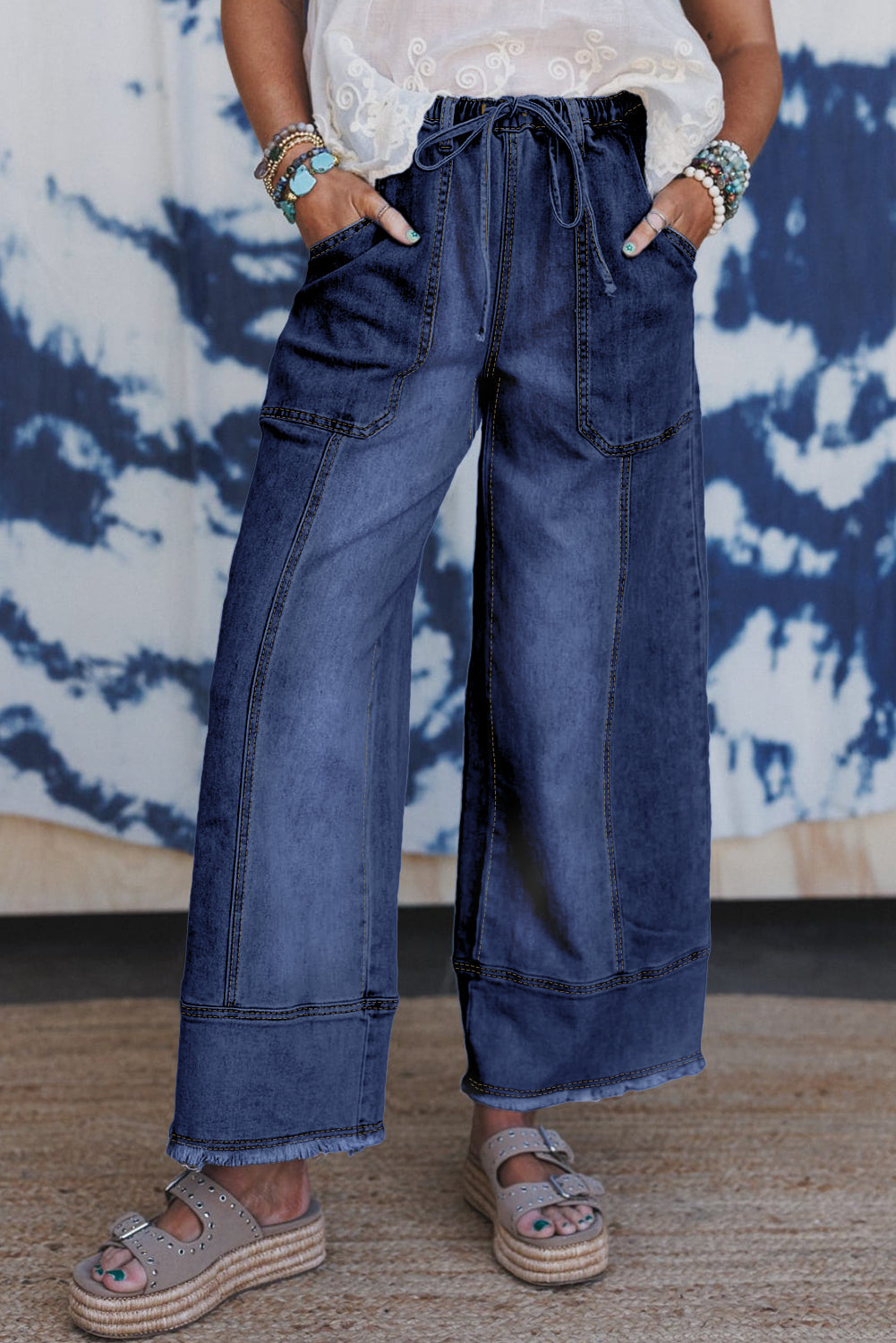 Prussian Blue Drawstring Waist Seam Detail Raw Hem Wide Leg Denim Pants