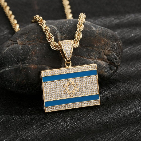 Israel Flag Gold Crystal Necklace 18K Gold-Plated Pendant