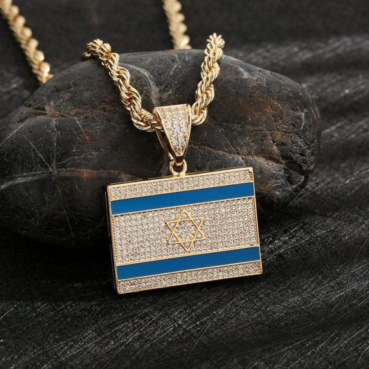 Israel Flag Gold Crystal Necklace 18K Gold-Plated Pendant