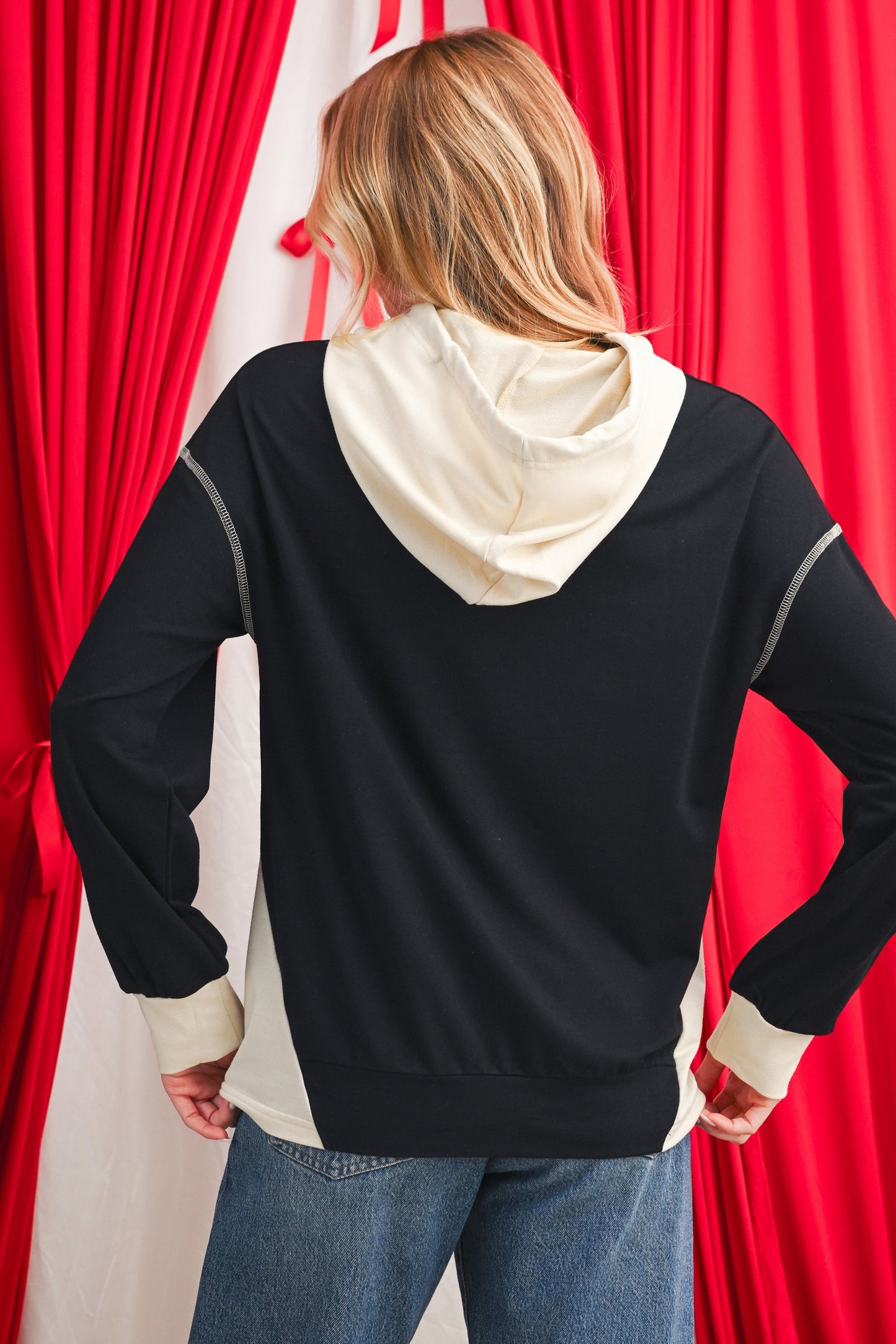Black Contrast Trim Kangaroo Pocket Hoodie Sweatshirt