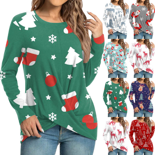 Women's Casual Christmas Element Printing Round Neck Long Sleeve Top
