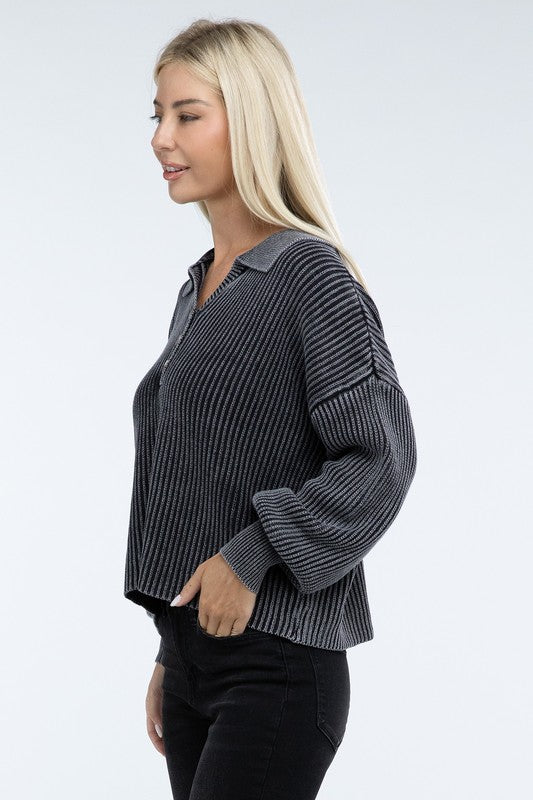 Washed Collared Henley Sweater Low Gauge Heavyweight Sweater