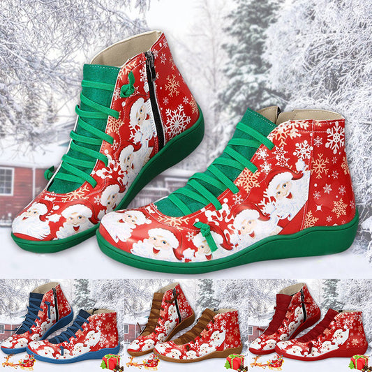 Santa Claus Snowflake Print Casual Ankle Boots Women PU Flats Shoes