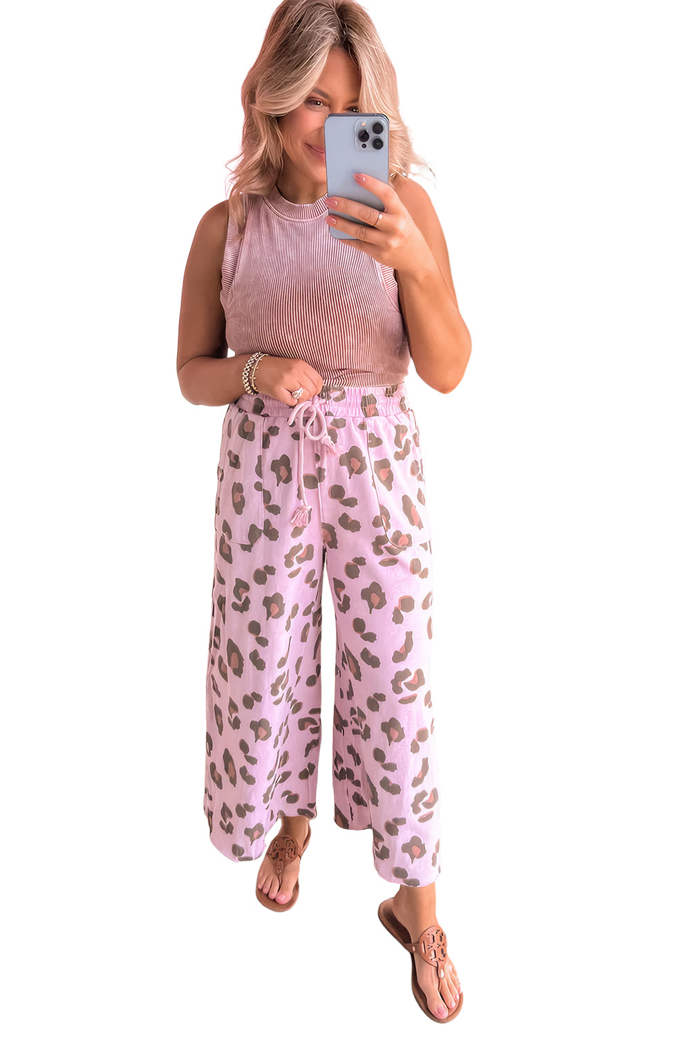 Leopard Print Drawstring Patch Pocket Loose Pants