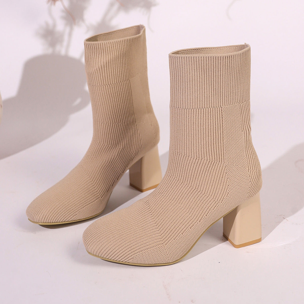 Knitted Round-Toe High Heel Sock Boots Women