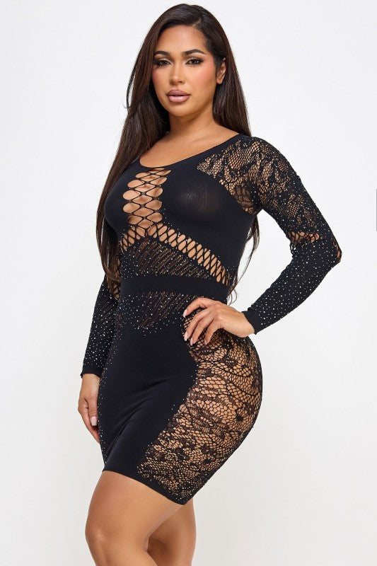 Celeste Contrast Rhinestone Lace Mesh Mini Dress