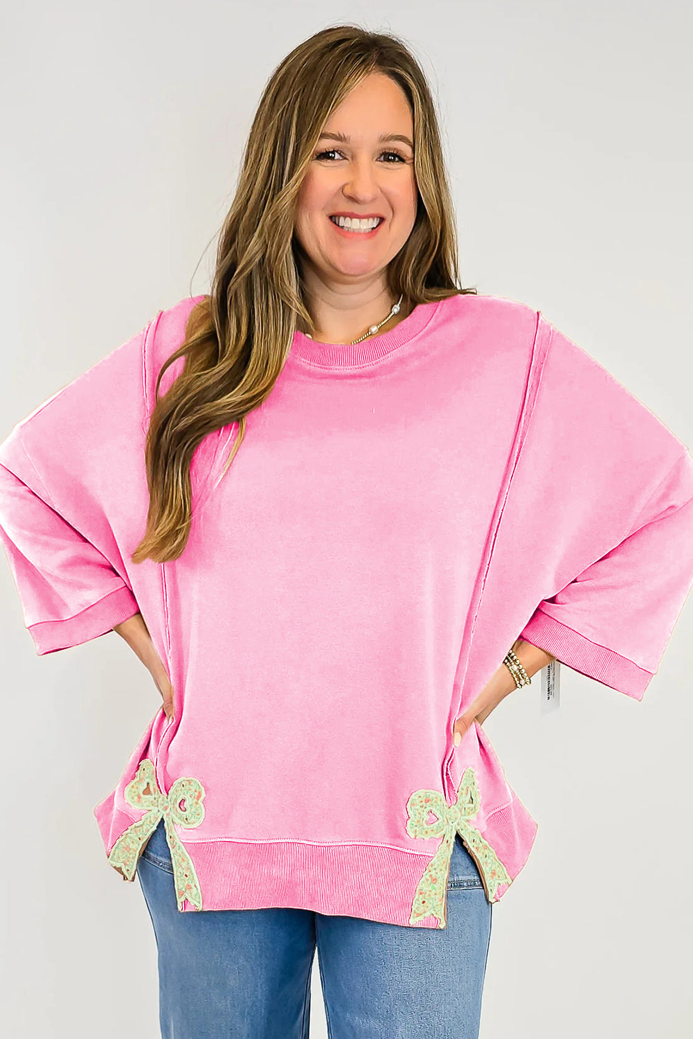 Fiery Red Floral Bow Patched Baggy Sweatshirt