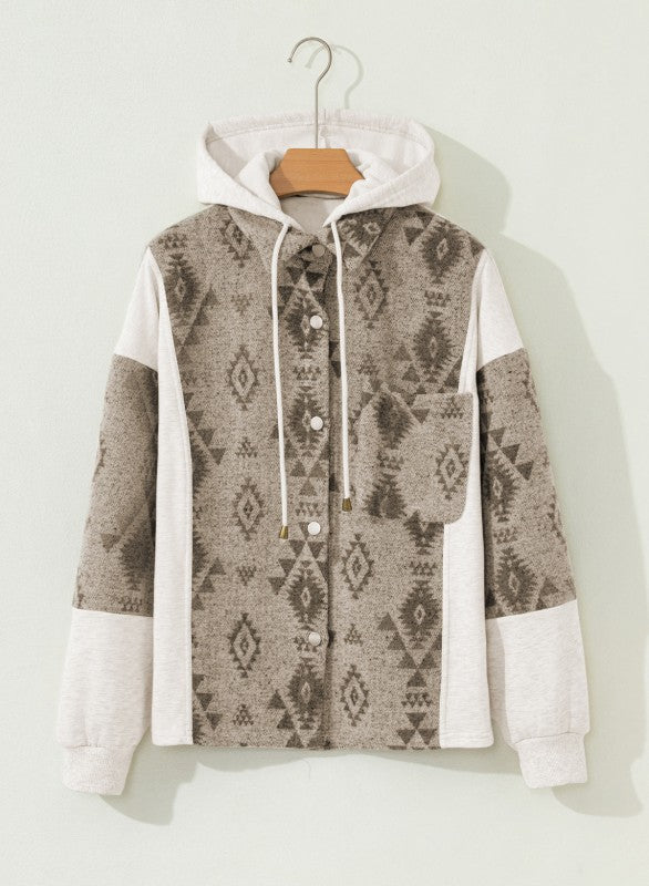 Western Aztec Colorblock Hooded Shacket 100% Polyester