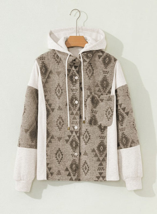 Western Aztec Colorblock Hooded Shacket 100% Polyester