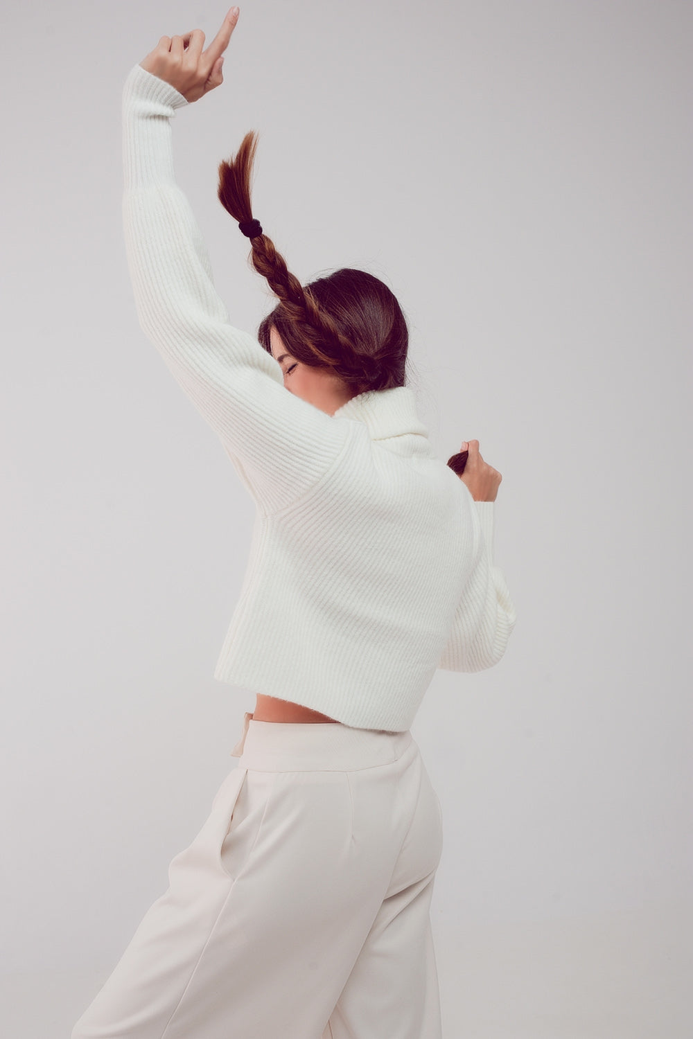 High Neck Cream Balloon Sleeve Jumper Chunky Knit Sweater