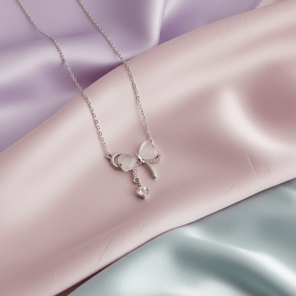 Bow Tie Necklace Solid Silver with Crystal Drop Jewelry Amtikiss Casuals