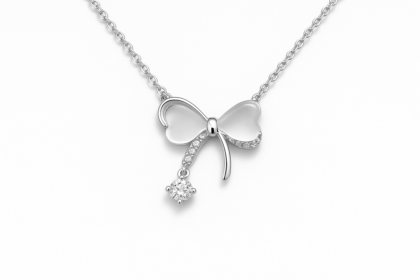 Bow Tie Necklace Solid Silver with Crystal Drop Jewelry Amtikiss Casuals