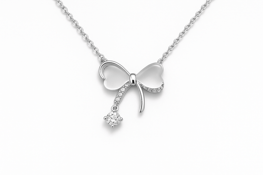 Bow Tie Necklace Solid Silver with Crystal Drop Jewelry Amtikiss Casuals