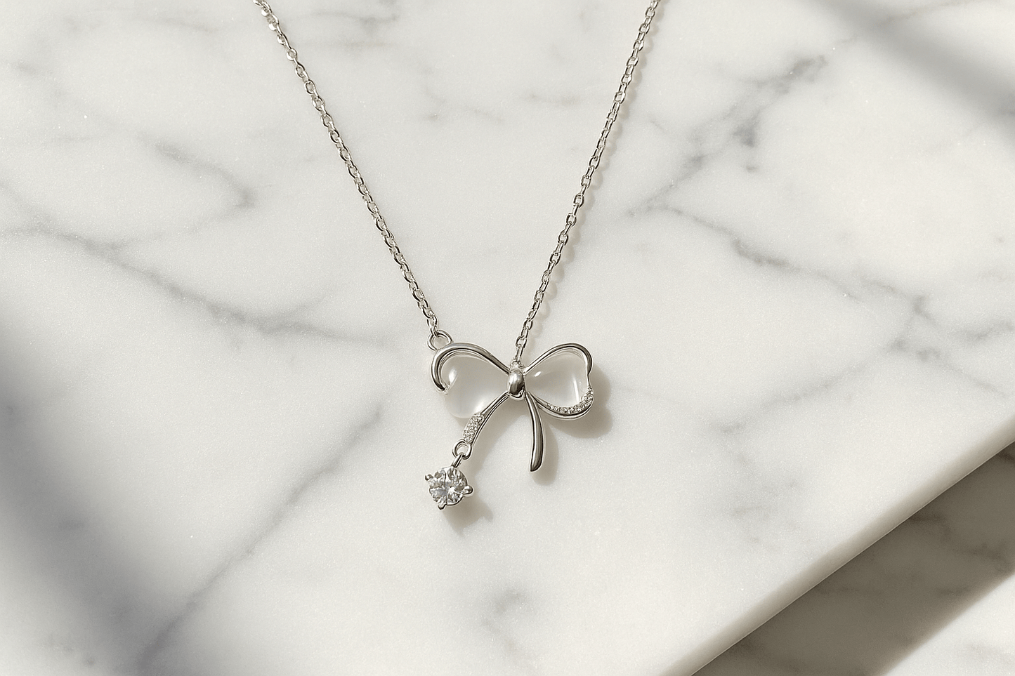 Bow Tie Necklace Solid Silver with Crystal Drop Jewelry Amtikiss Casuals