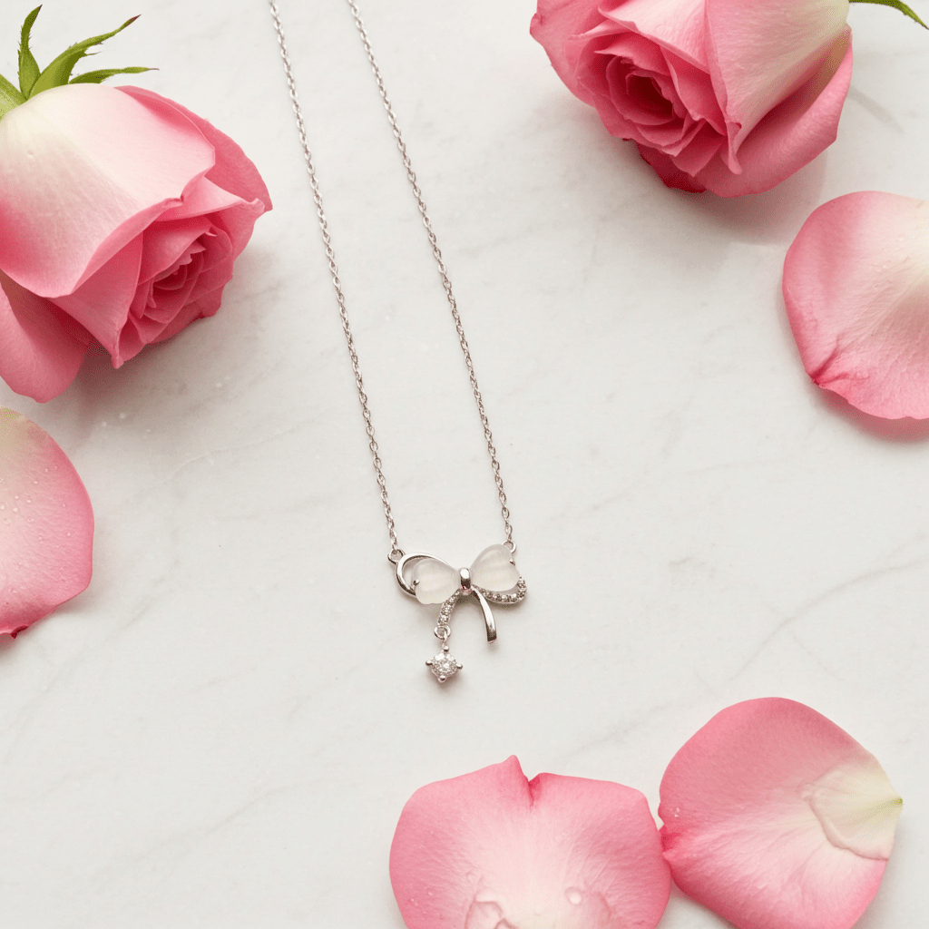 Bow Tie Necklace Solid Silver with Crystal Drop Jewelry Amtikiss Casuals