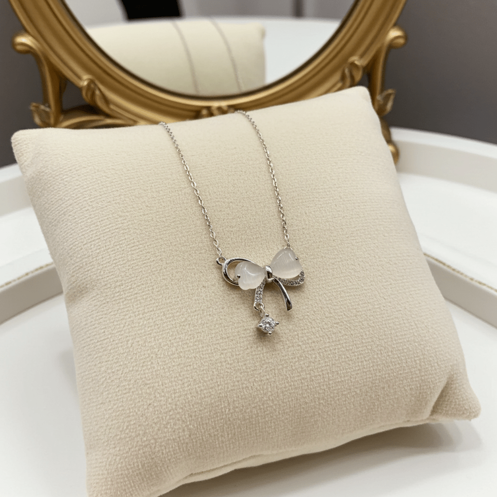 Bow Tie Necklace Solid Silver with Crystal Drop Jewelry Amtikiss Casuals