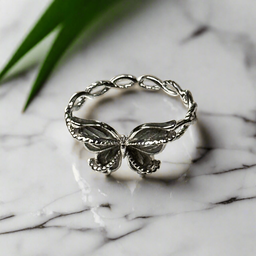 Butterfly Adjustable 925 Sterling Silver Ring Elegant Vintage Nature Jewelry