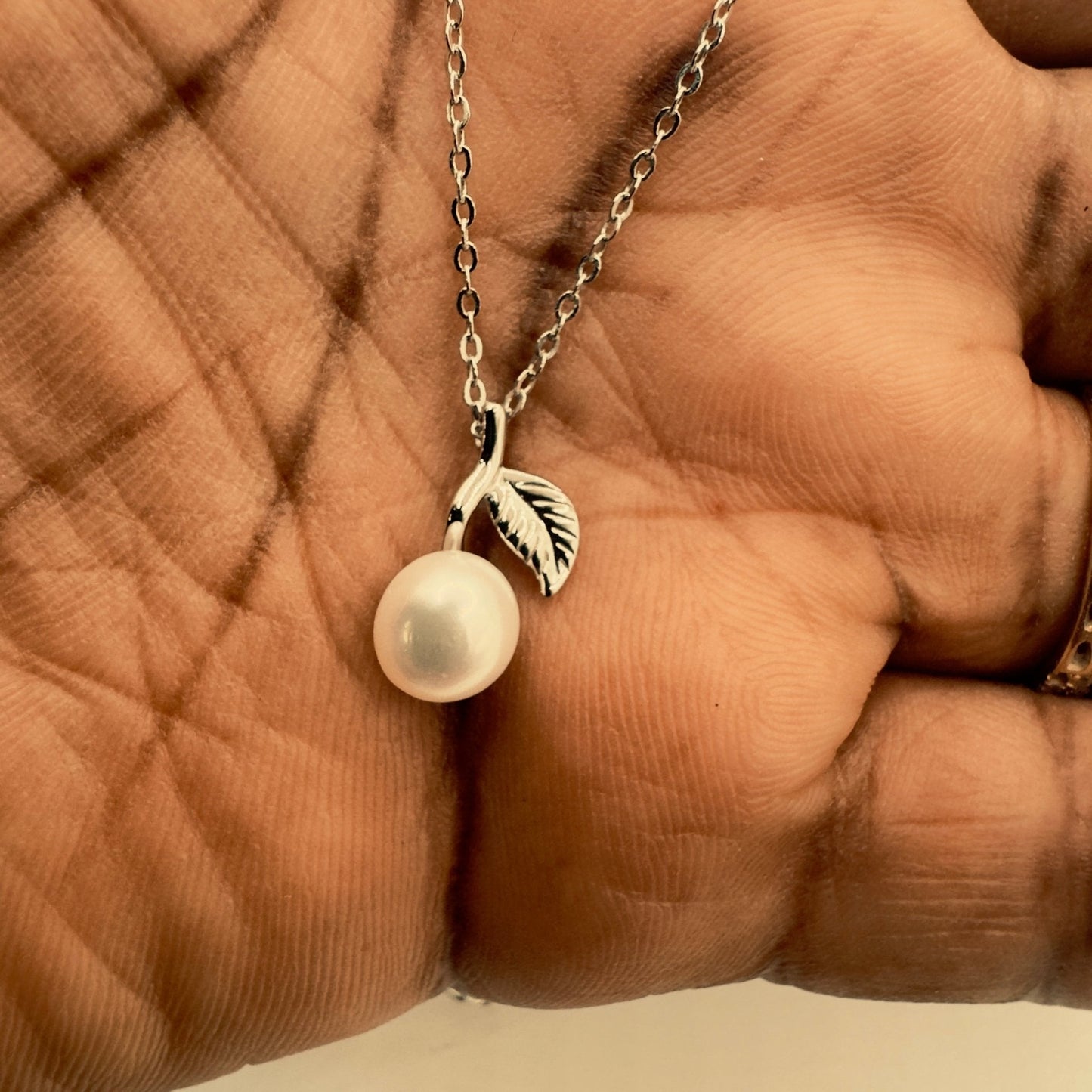 Elegant Pearl Leaf Necklace Sterling Silver Chain with Pearl Pendant