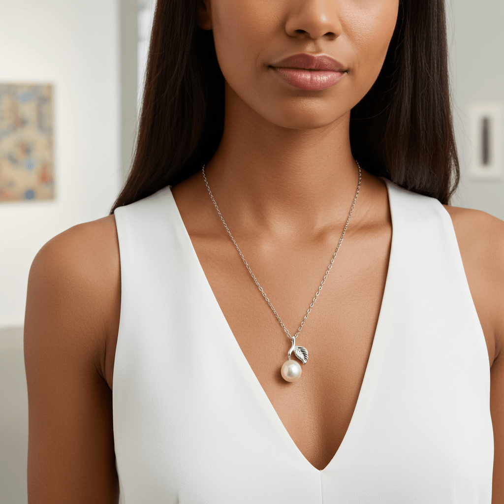 Elegant Pearl Leaf Necklace Sterling Silver Chain with Pearl Pendant