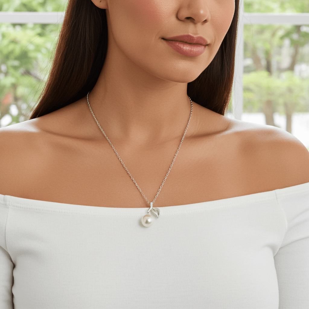 Elegant Pearl Leaf Necklace Sterling Silver Chain with Pearl Pendant
