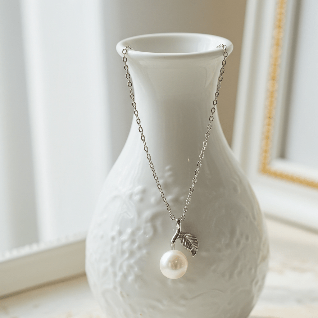 Elegant Pearl Leaf Necklace Sterling Silver Chain with Pearl Pendant