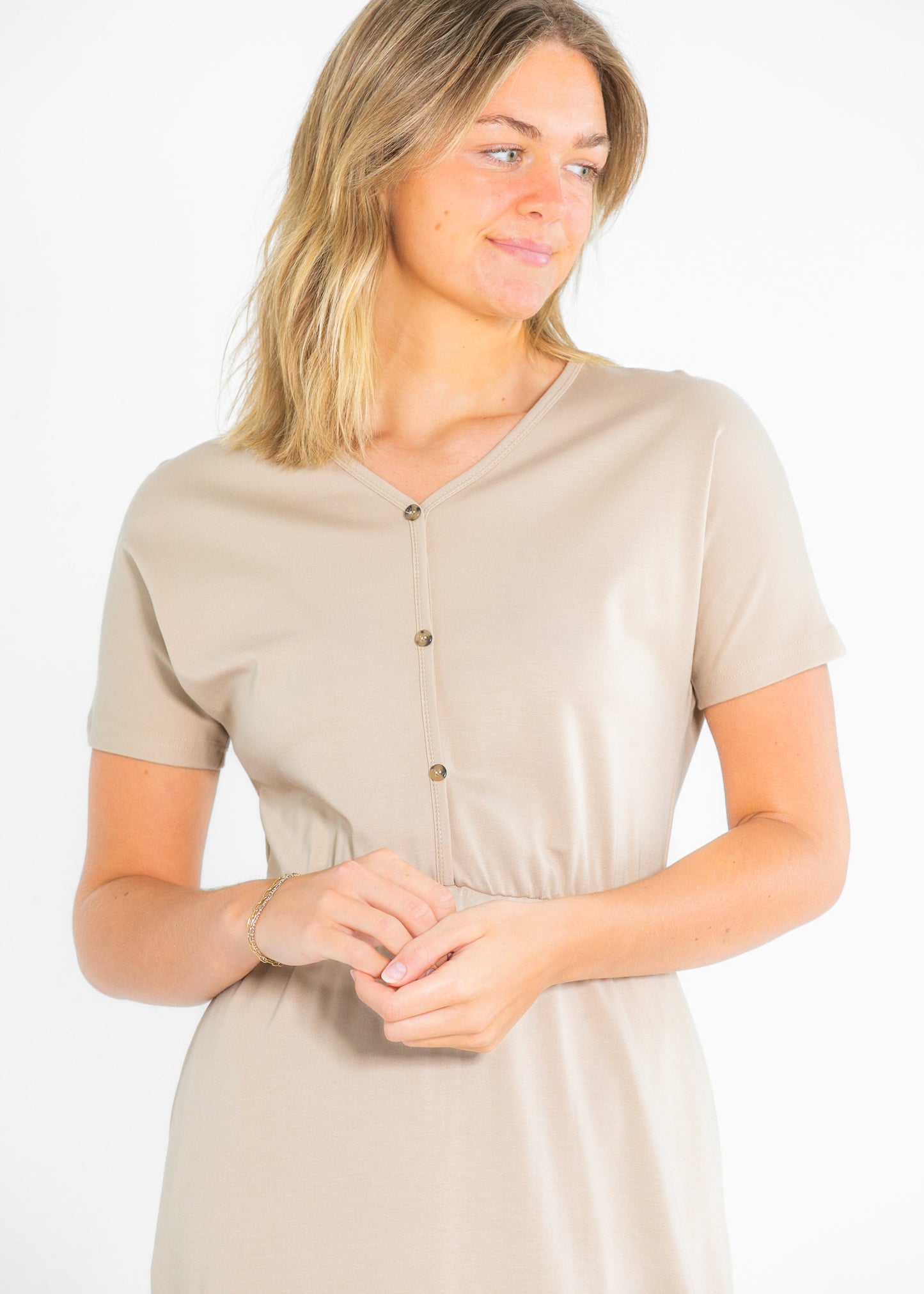 Cinched Waist Maxi Dress Taupe Midi Short Sleeve Ella