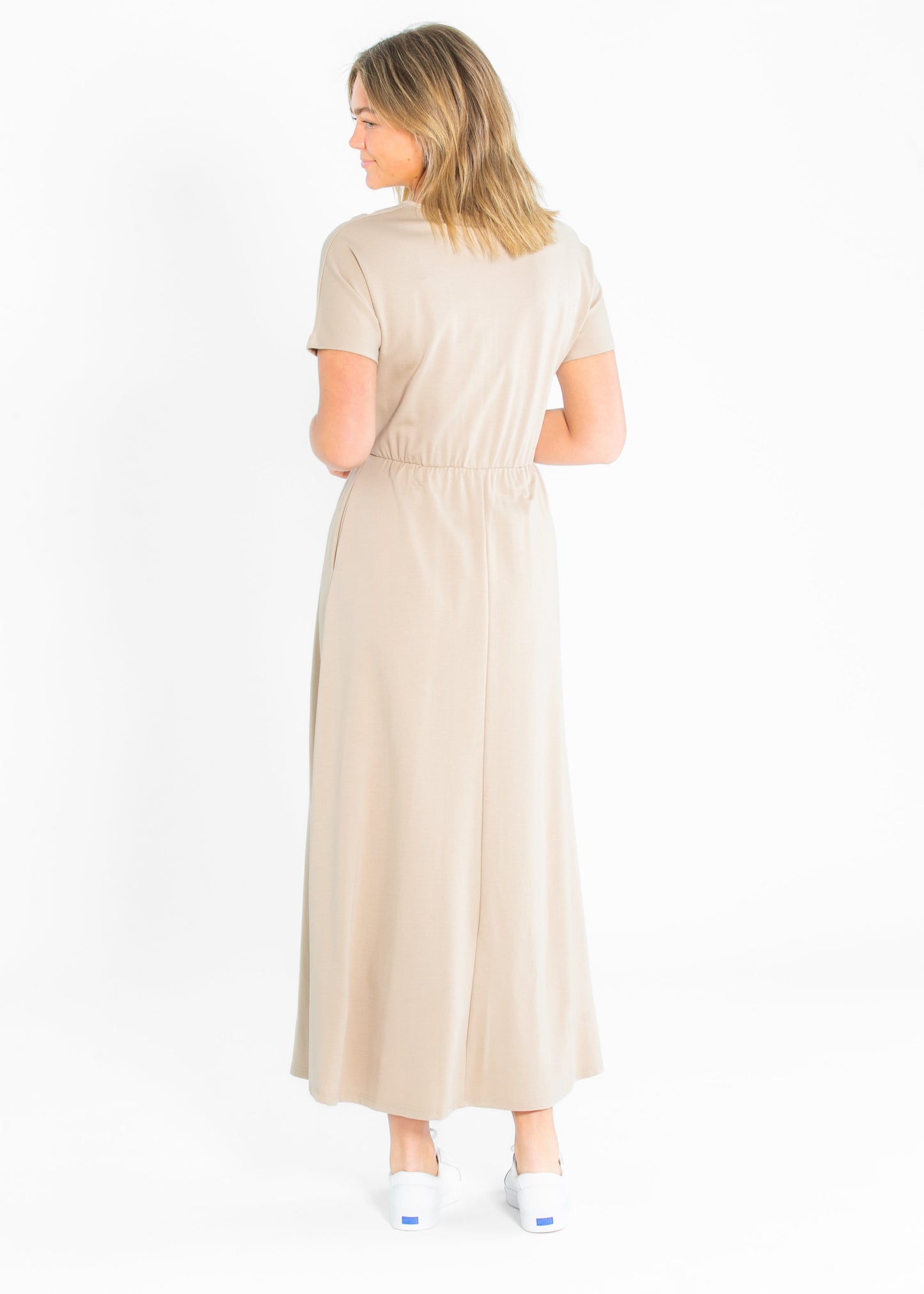 Cinched Waist Maxi Dress Taupe Midi Short Sleeve Ella