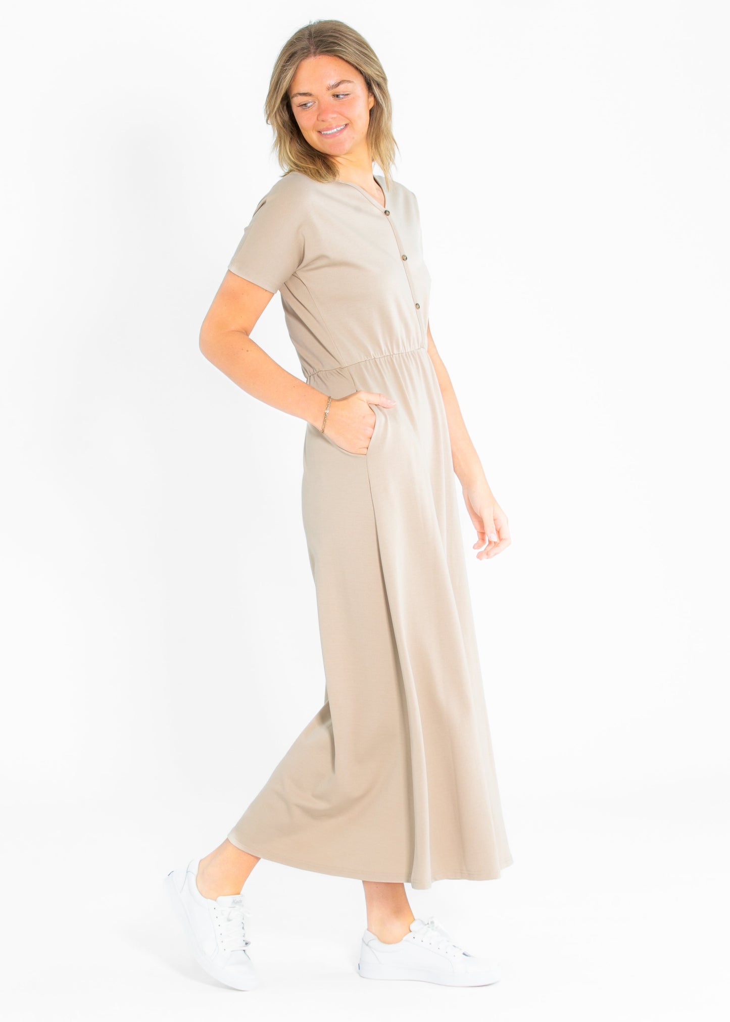 Cinched Waist Maxi Dress Taupe Midi Short Sleeve Ella