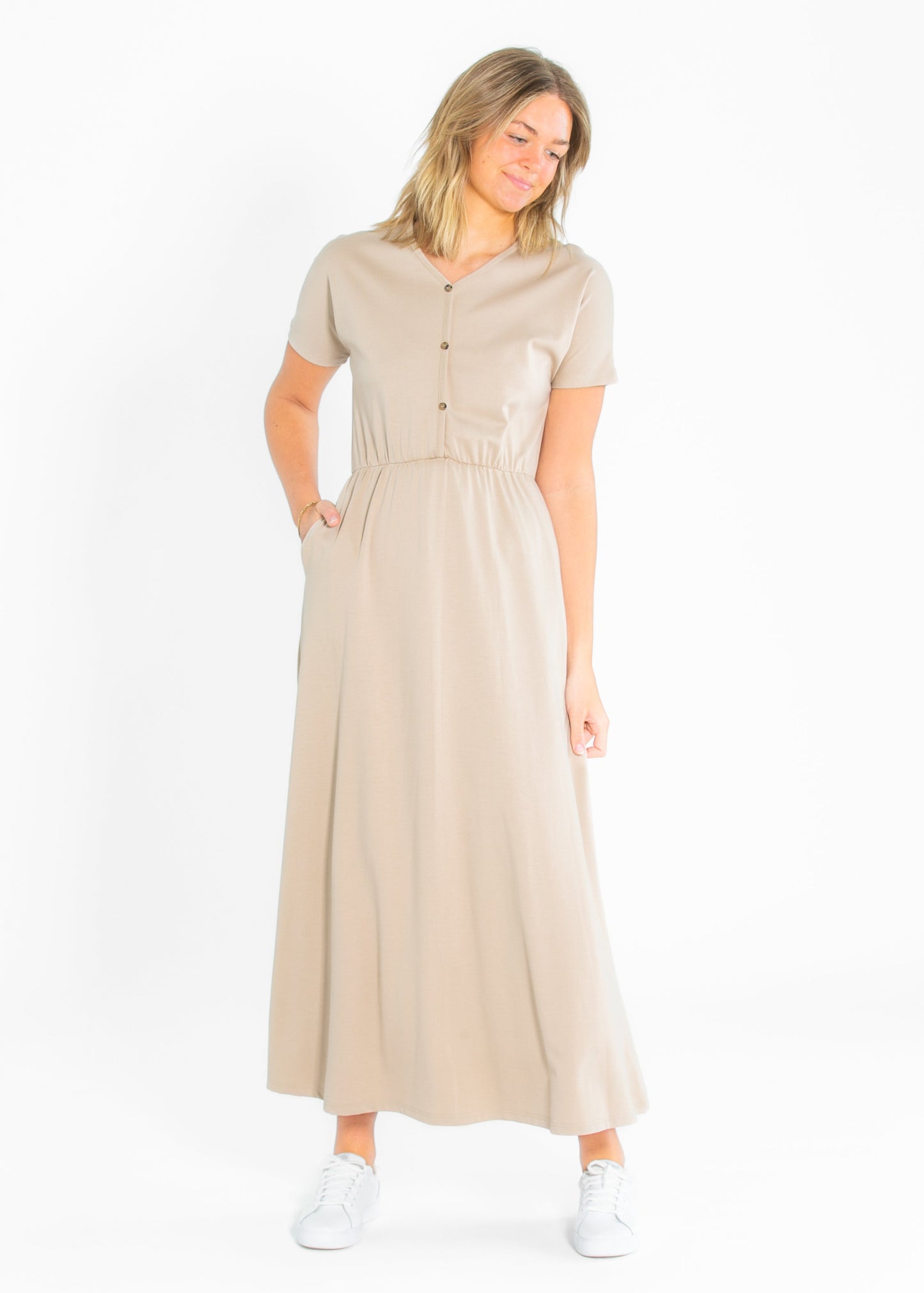 Cinched Waist Maxi Dress Taupe Midi Short Sleeve Ella