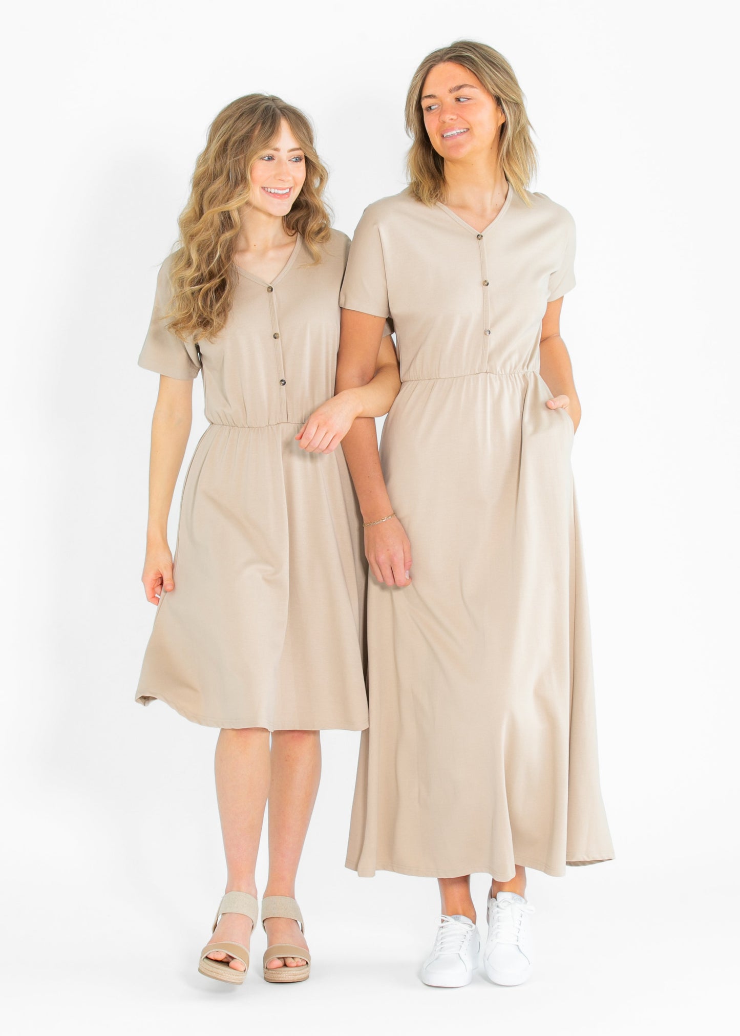 Cinched Waist Maxi Dress Taupe Midi Short Sleeve Ella
