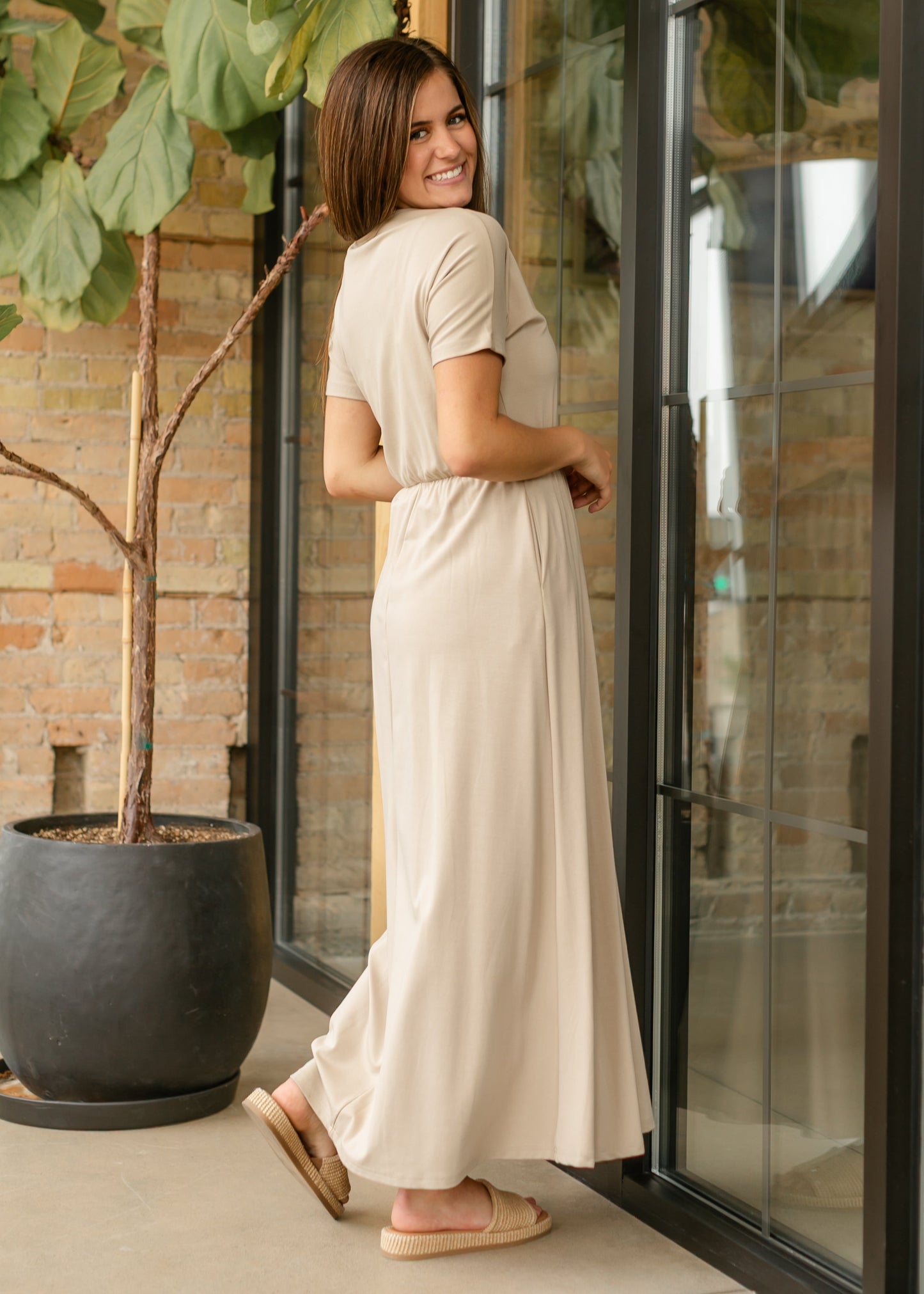 Cinched Waist Maxi Dress Taupe Midi Short Sleeve Ella