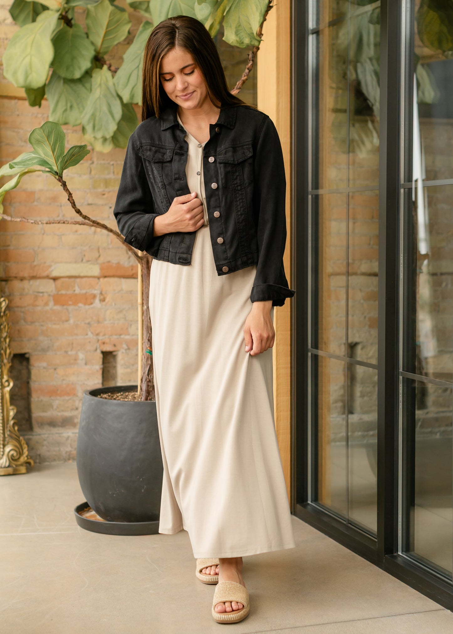 Cinched Waist Maxi Dress Taupe Midi Short Sleeve Ella