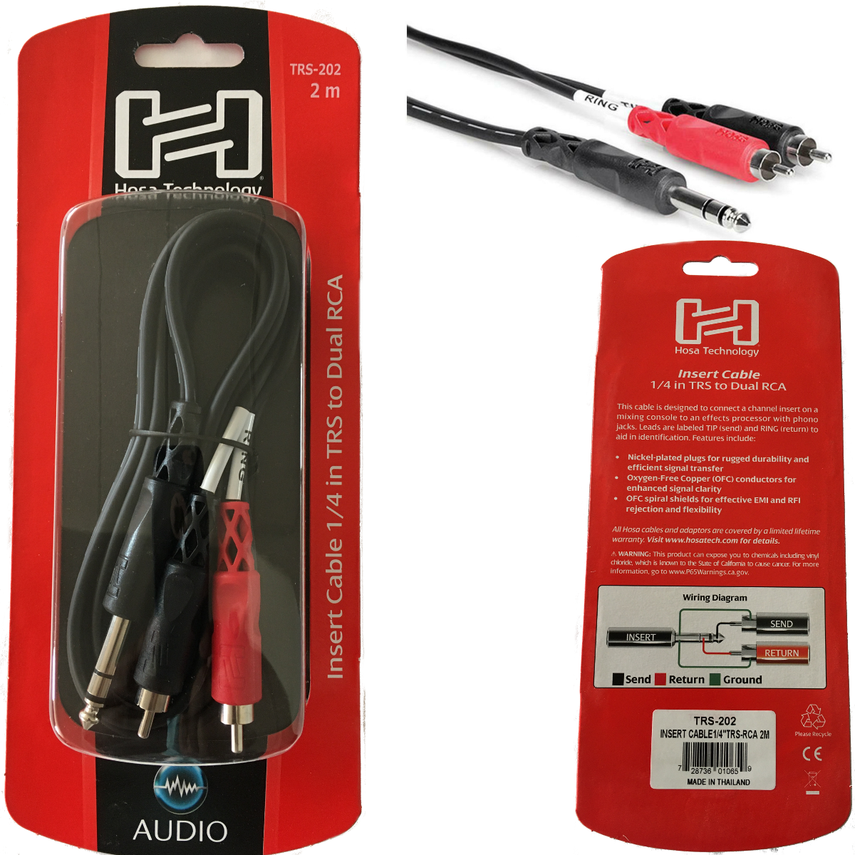 Hosa TRS-202 2 Pack Channel Insert Mixer Cable 1/4' TRS to Dual RCA