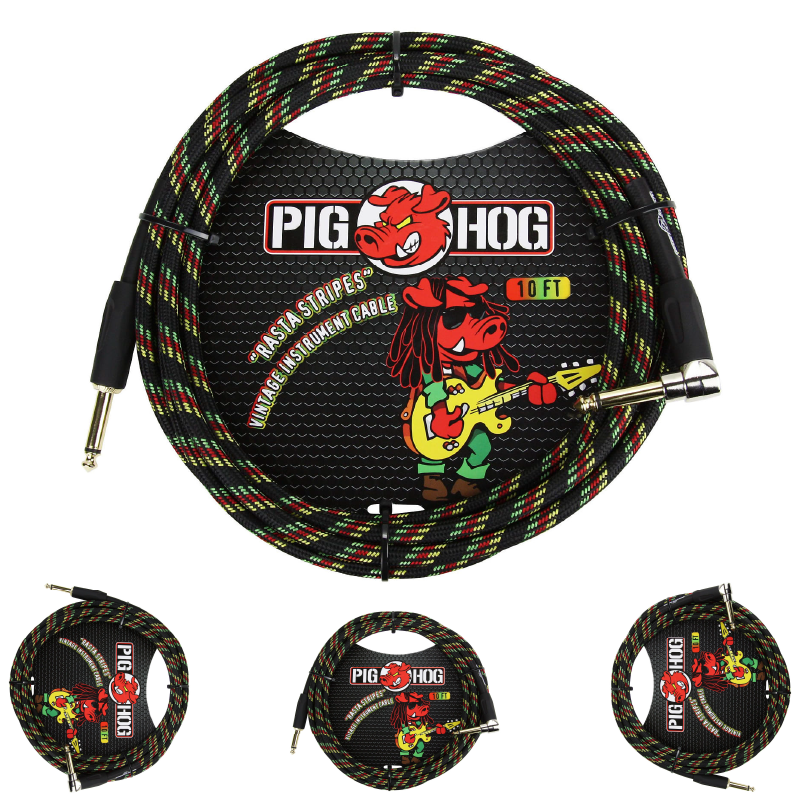Pig Hog Rasta Stripe Woven 1/4' Straight to 1/4' Right Angle Instrument Cable 10ft