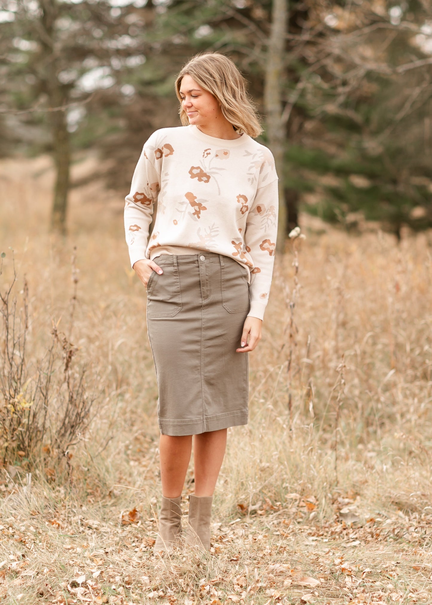 Cotton Twill Stretch Midi Skirt Erica