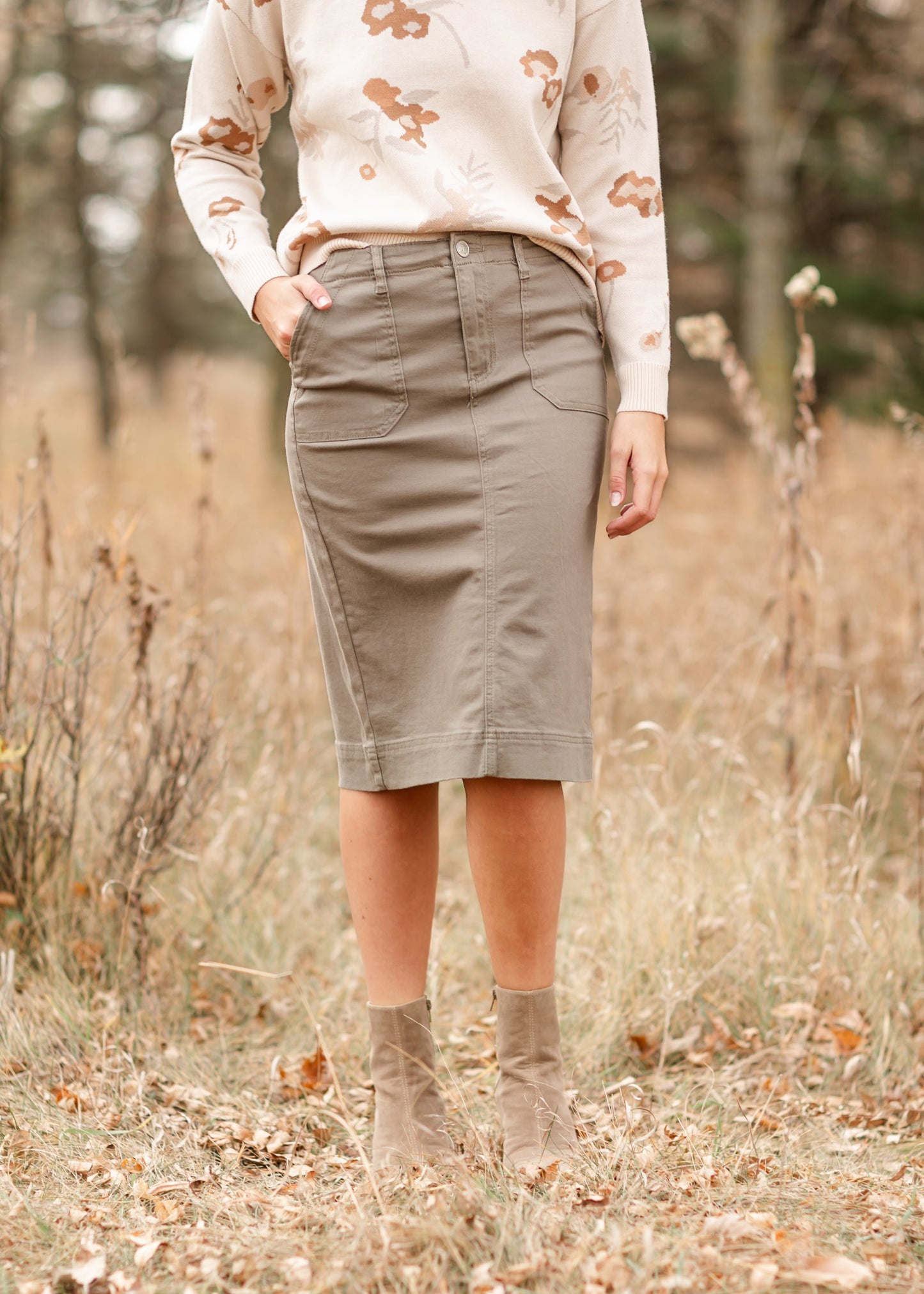 Cotton Twill Stretch Midi Skirt Erica