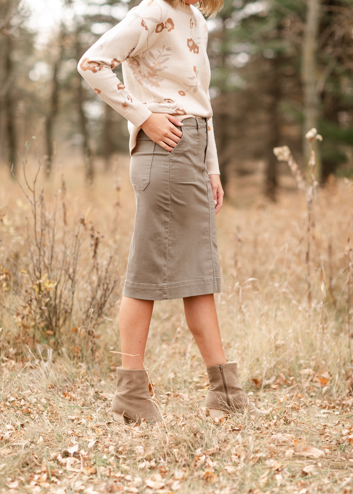 Cotton Twill Stretch Midi Skirt Erica