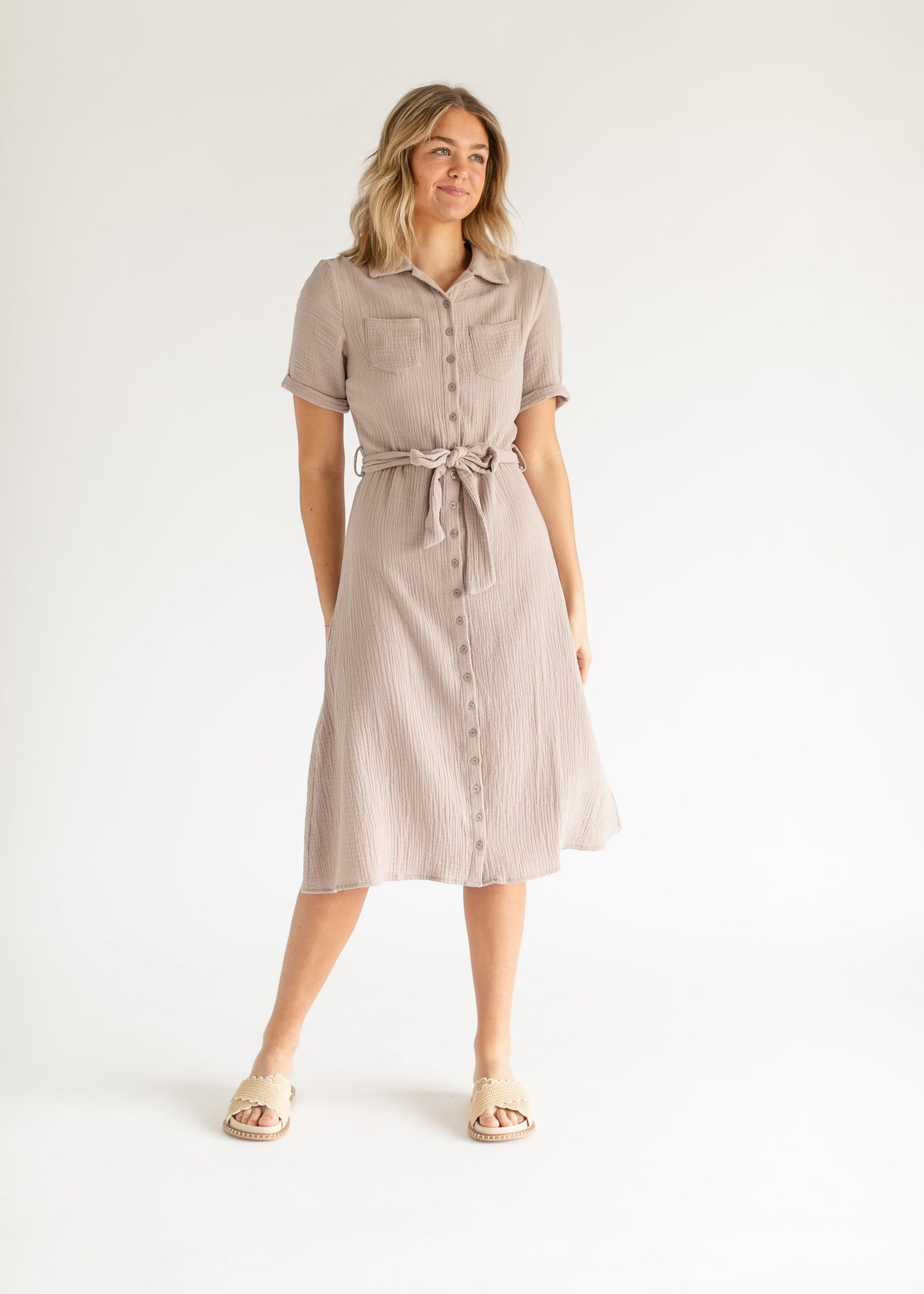Essential Gauze Light Taupe Shirt Dress Inherit Co.